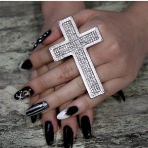 Silver rhinestone cross double knuckle ring
